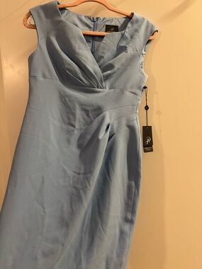 Adrianna Papell Powder Blue Pleated V-Neck Sheath Dress